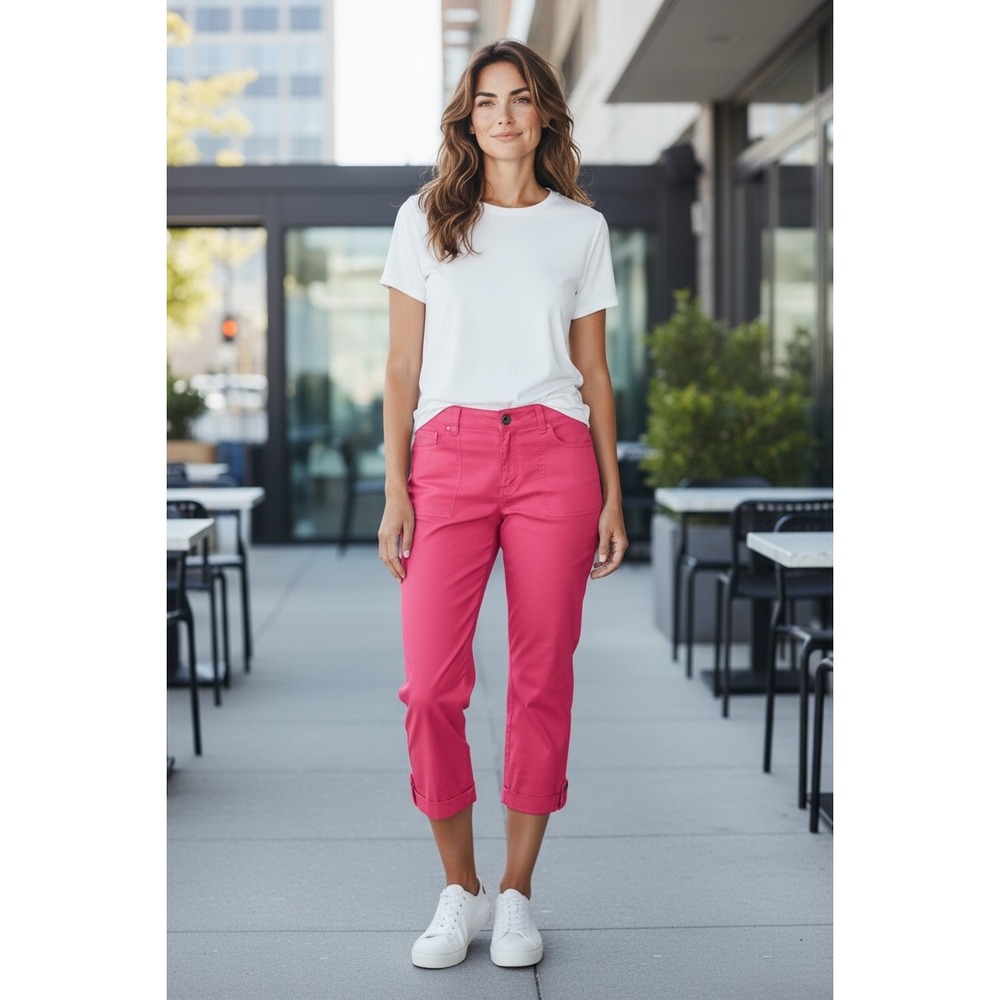 Chico's Pink Crops Pants Women's Size 2 Regular Roll Tab Capri‎